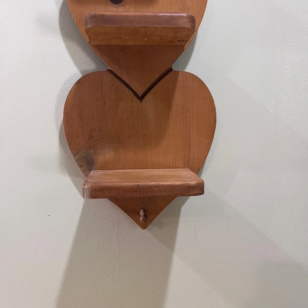 Vtg Rustic Triple Heart Wood Wall Shelf Country Folk Art Triple Tier Display 18